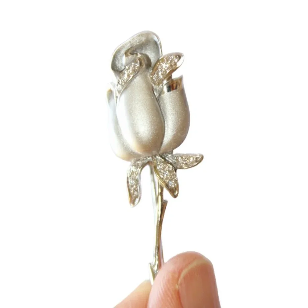 Sterling Silver 925 Rose flower brooch white Rhinestones Vintage